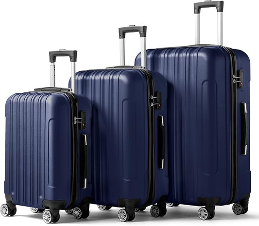 Karl home Luggage Set of 3 Hardside Carry on Suitcase Sets with Spinner Wheels & TSA lock, Portable Lightweight ABS Luggages for Travel, Business - Navy Blue (20/24/28)