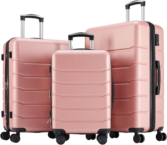 Sweetcrispy 3 PCS Luggage Set, Spinner Wheels Lightweight Expandable Travel Hard Shell Suitcase with TSA Lock, Pale Pink(20/24/28 inch)