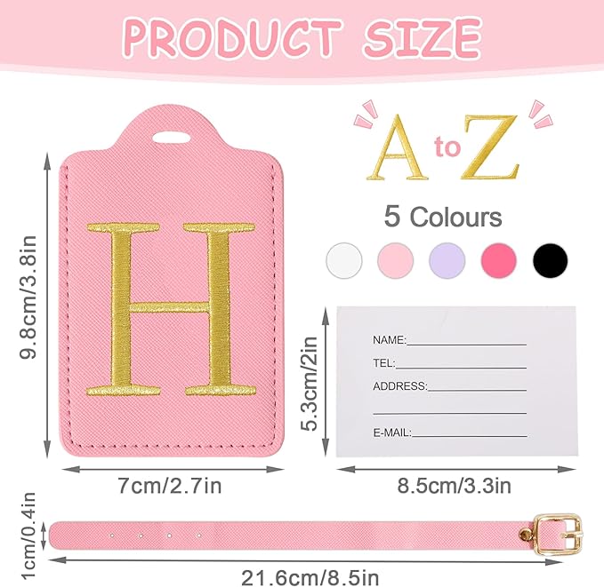 Initial Luggage Tags for Suitcases, Cute Embroidered Letter Luggage Bag Suitcase Identifier Name Baggage Tag, PU Leather Travel Luggage Tags, Bag Tags for Men Women Kids Luggage Handbags(Pink H)
