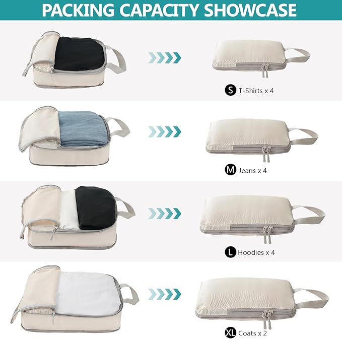 Compression Packing Cubes for Travel, 4 Set Expandable Packing Organizers, Lightweight Luggage Organizer Bags, Travel Essentials for Carry on, Handy Helper for Organizing Clothes, Off-White