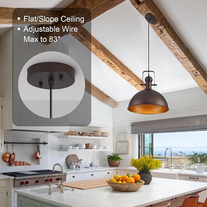 12 Inch ORB Farmhouse Pendant Lights for Kitchen Island 3 Pack | ETL Certificate, Easy to Install,Adjustable Height Cord,Vintage Industrial Dome Hanging Light Fixtures