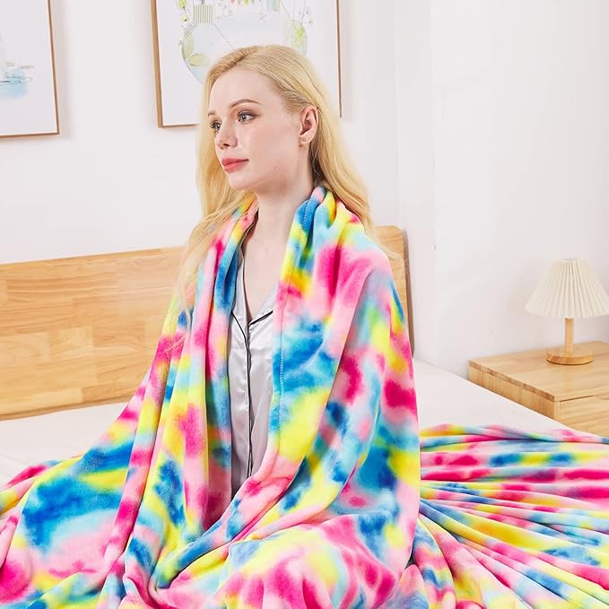 Flannel Colorful Blanket Queen Size for All Season - Premium Lightweight Anti-Static Super Soft Cozy Plush Rainbow Throw, Lightweight Microfiber Winter Warm Blanket 90" x 90"(Rainbow Queen)