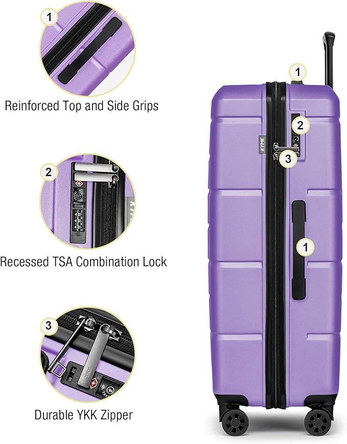 KYME Luggage Sets 3 Piece Hardshell 20"/24"/28" Suitcase with Wheels Hardside Suitcase Set with TSA Lock Large Travel Luggage Set for Women Lt Purple