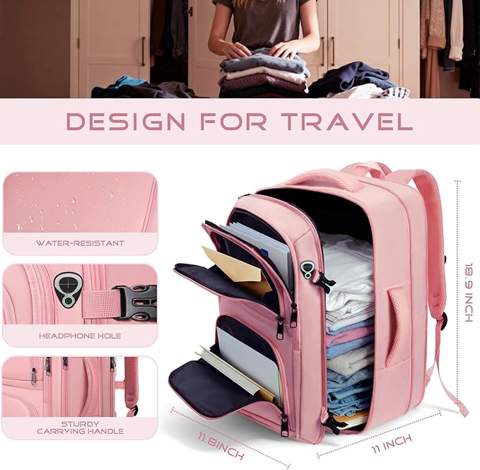 Travel Backpack for Women, 52L Carry On Backpack, Extra Large Expandable Travel Bag, 18.4 Inch TSA Flight Approved Luggage Personal Item Size with USB, Teacher Business Daypack, Pink
