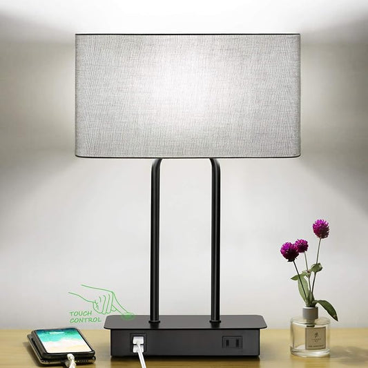 Bedside Touch Control Table Lamps with Dual USB Charging Ports 1 AC Outlet, 3 Way Dimmable Modern Nightstand Lamp with Grey Fabric Shade, Desk Lamp for Bedroom Living Room with 5000K LED Bulb