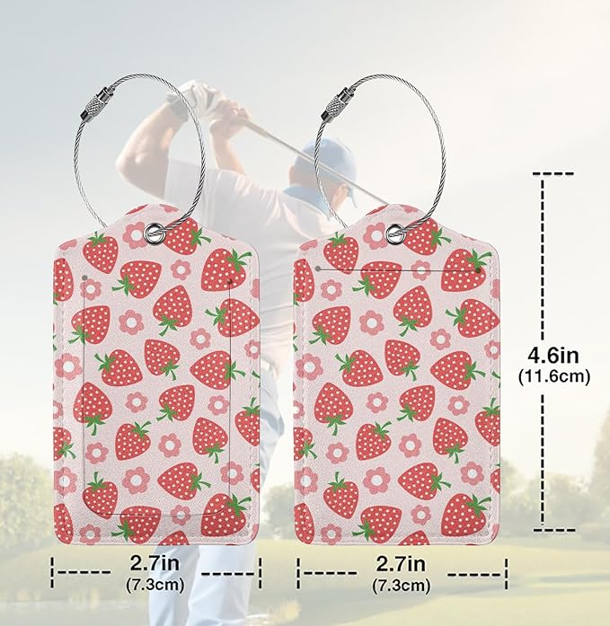 2 Pack Luggage Tags for suitcases Pink Strawberry Fruit TSA Approved Label Luggage Tag Baggage Tag Leather Stainless Steel Loop Label Tag for Men Women Travel Bag Suitcase