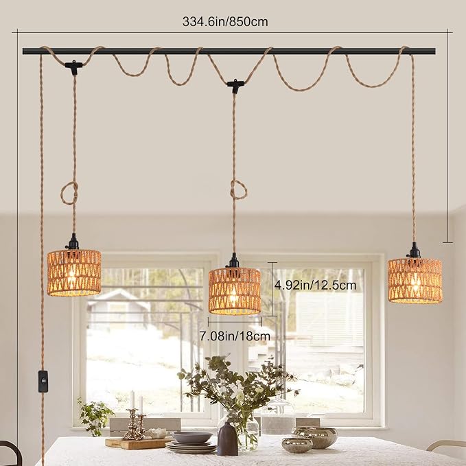 3-Light Hanging Light with Plug in Cord,Plug in Pendant Light 22ft Hemp Rope Pendant Lighting Vintage 3-Light Hanging Lamp Fixtures for Kitchen Island Living Room Bedroom