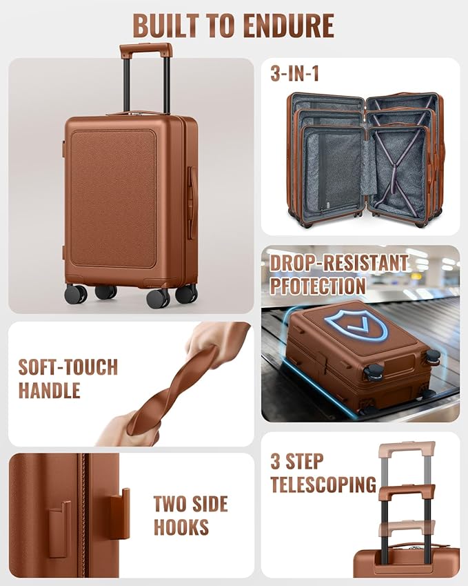 Joyway Luggage Sets 3 Piece with Spinner Wheels, Carry On Luggage 20In with ABS+PC Hardshell, Lightweight Suitcase Set with TSA Lock and Pressure-resistant Frame, 20/24/28 Inch, Brown