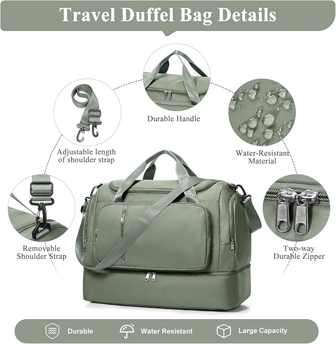 Travel Duffle Bag, Weekender Bags for Women,Carry On Overnight Personal Item Travel Bag with Shoes Compartment,Olive Green
