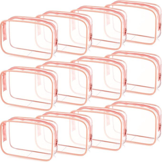 Weewooday 12 Pieces Clear Makeup Bags Cosmetic Storage Bags PVC Zipper Pouches Travel Waterproof Makeup Plastic Case for Women Organizing Toiletries Traveling Bathroom(Large,Pink)