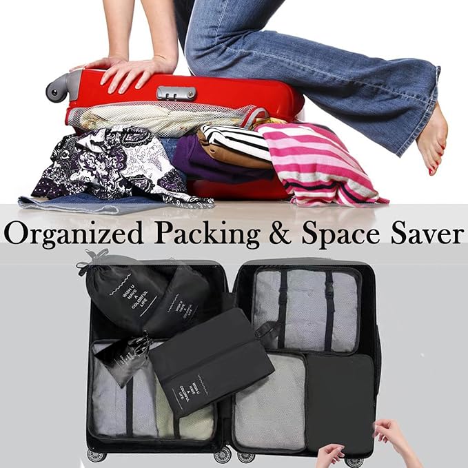8 Pieces Mesh Packing Cubes for Travel, Luggage Packing Organizers Bags Set, Travel Essentials Suitcases Accessories with Laundry Bag, Storage Shoe Bag, Clothing Underwear Bag (Black, 8 set)