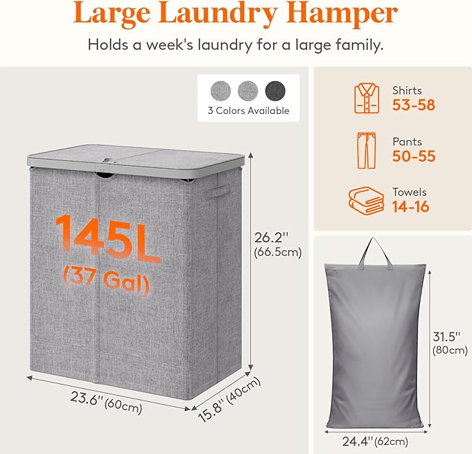 Lifewit 145L Large Laundry Basket with Lid, Laundry Hamper with Plastic Handles and Removable Bag, Foldable Tall Dirty Clothes Hampers for Laundry for Laundry Room, Bedroom, Bathroom, Dorm, Light Gray