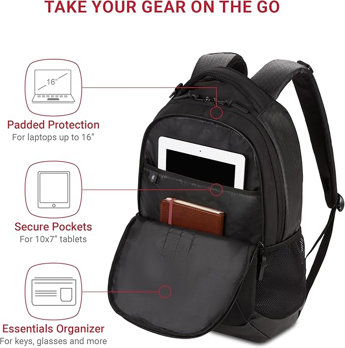 SWISSGEAR Cecil 18-Inch Laptop Backpack Fits 16-Inch Laptop, Travel Daypack with Organizer Pockets, Water Bottle Holders & Padded Straps – Black Hex