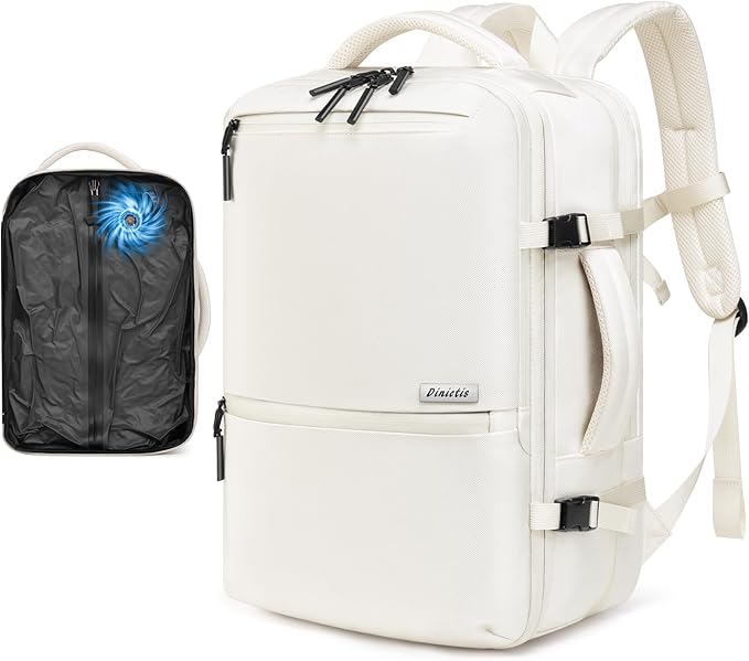 Dinictis Vacuum Seal Travel Backpack 60L Built-in Pump, Expandable Backpack with Vacuum Compression Fits 17 inch Laptop, Water Resistant Carry On Suitcase Luggage for Short Trip and Business-Beige