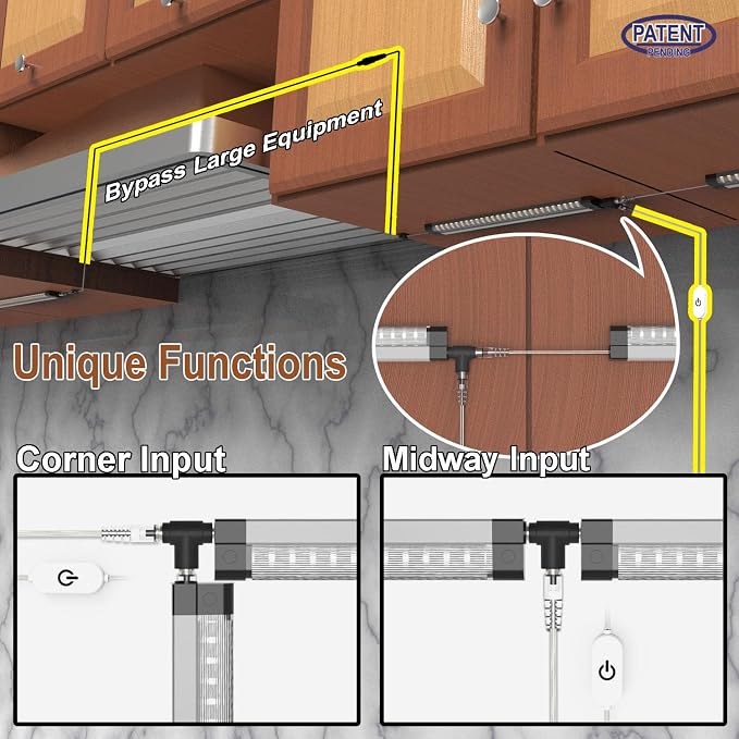 EBD Under Cabinet Lighting Plug in 9 Pcs 12 Inch, Dimmable No Messy Wires Built-in Adjustable Cable LED Light Bar, T-Connector Counter Lights for Smart Plug Kitchen Home Office 6500K 4050Lm 4 Cables