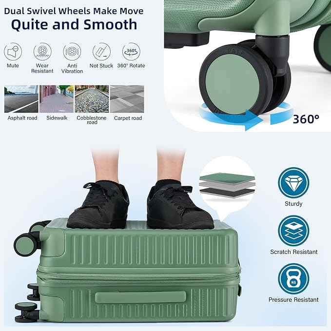 HanTrip Hard Shell Suitcases Airline Approved 20 Inch Carry on Luggage, Expandable Travel Luggage with Cup Holder Charger Built in, Small Lightweight Suitcases with Wheels, Forest Green