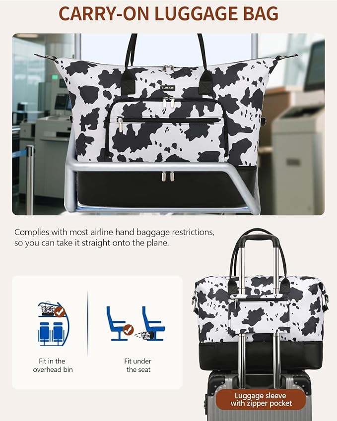 Weekender Bags for Women, Travel Duffle Bag Carry On Overnight Bag with Cosmetics Bag and Crossbody Purse for Gym Hospital, Gifts for Women, Cow Print Black