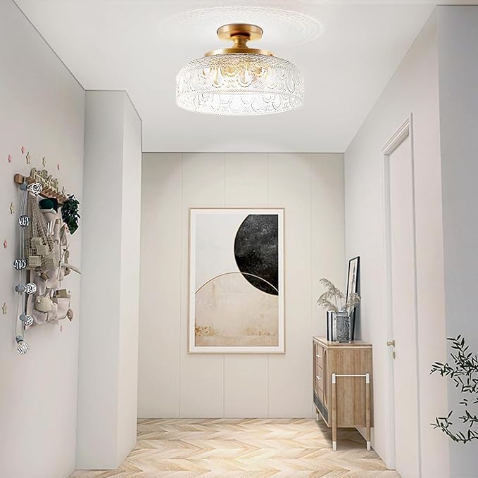 Lamomo Semi Flush Mount Ceiling Light, Upgraded Larger 12 Inch Golden Hallway Light Fixture, 3 Light Globe Glass Close to Ceiling Scone,Indoor Hanging Light for Bedroom Kitchen Porch Hallway