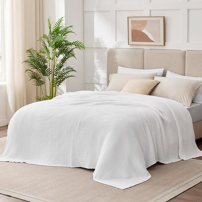 100% Cotton Twin XL Blankets for Bed 66" x 90", Cooling and Soft Muslin Throw Blanket, Soft Boho Coverlet Bedspread, Gauze Bedding for Adults All Season, White