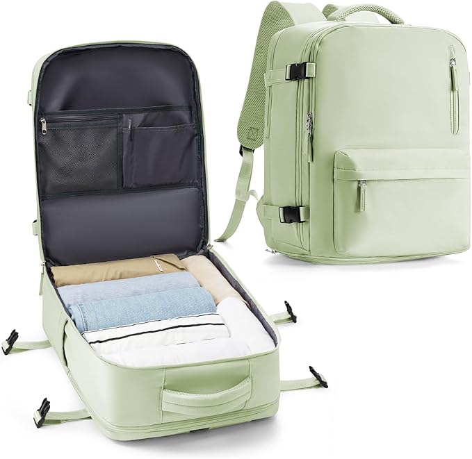 VECAVE Travel Backpack for Women, Airline Flight Approved Carry On Backpacks Waterproof 14 Inch Laptop Backpack with Shoe Compartment Casual Daypack Green.