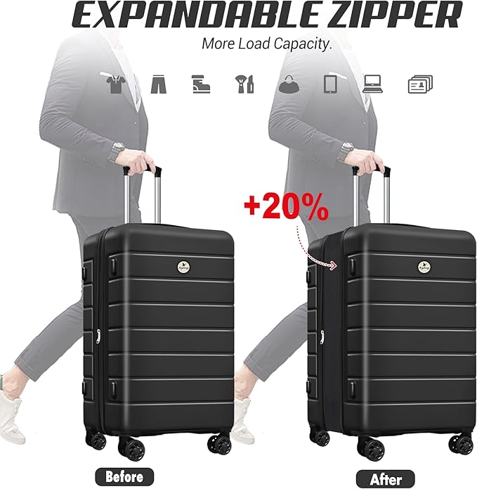 Classic 3-Piece Luggage Set with TSA Lock, PC+ABS Durable Lightweight Suitcase with Spinner Wheels, Hardshell Expandable Carry-On Luggage for Business Family Travel, 20/24/28 inch, Black