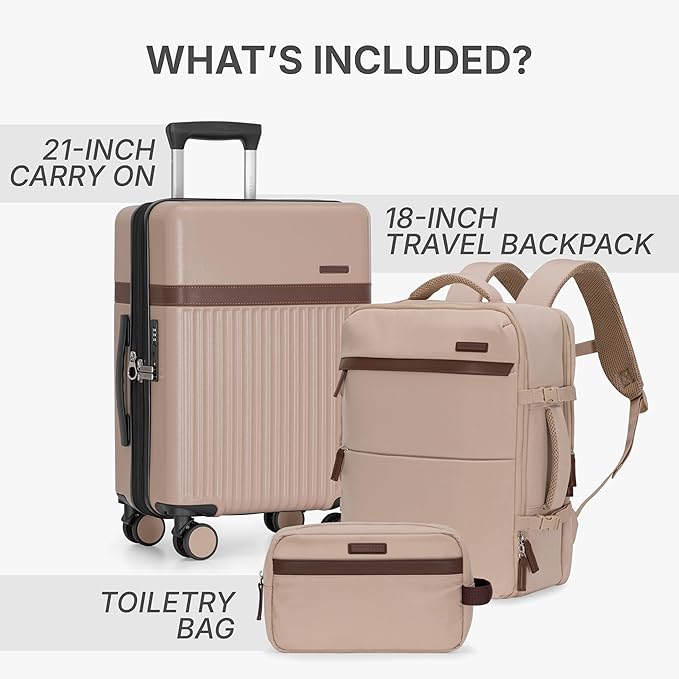 U.S. Traveler Vista Way 3-Piece Travel Set, 21-Inch Carry-on Hardside with TSA Lock, 18-Inch Travel Backpack with Laptop Sleeve, Toiletry Bag, Beige