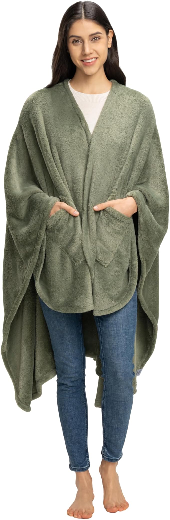 Berkshire Blanket Primalush™ Wearable Blanket, Cozy Loungewear Pocketed Plush Cape Wrap for Adults & Teens(Dark Sage, One Size 58"X64")