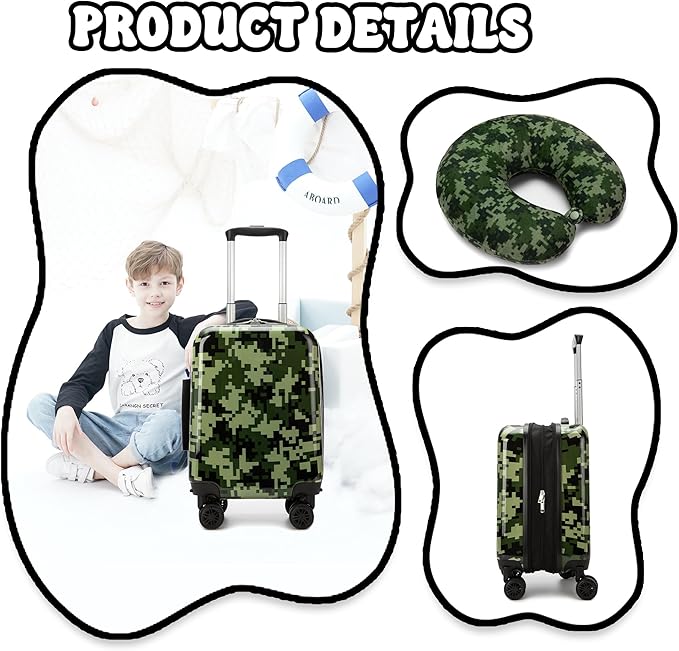 Kid's Luggage Set 5 Piece Suitcase Set 16" Hardside Luggage with Spinner Wheels Girls Carry on Toddler Travel Rolling Suitcase with Neck Pillow Airline Approved