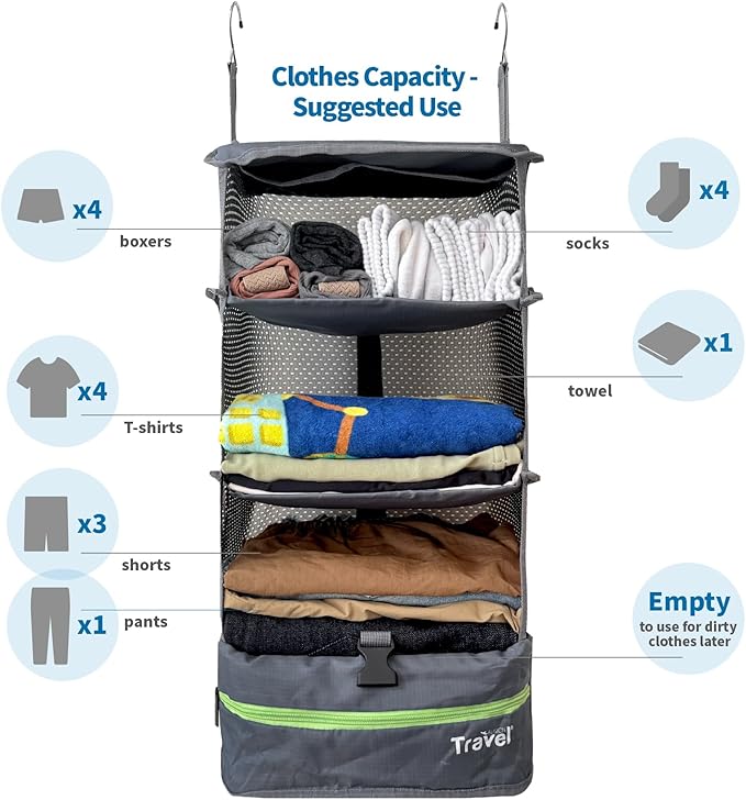 Grand Fusion Stow-N-Go Packing Organizer for Luggage, Portable Hanging Travel Shelves, Carry-On Closet, Hanging Packing Cubes, Collapsible Carry-On Organizer for Cruises & Hotels. Dark Gray - L