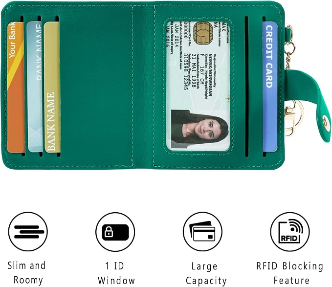 Airkit Small Wallets Woman RFID Blocking Leather Credit Card Holder - with ID Window - Card Wallets for Women - with Zipper Coin Purse - Keychain Wallet