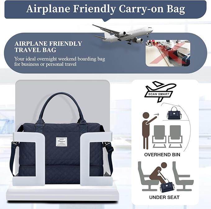 Weekender Bags for Women, Carry on Overnight Weekend Travel Duffel Bag with Shoes Compartment &Toiletry Bag, Personal Item Bag for Travel Business Trips Sport Hospital，Grid-NavyBlue