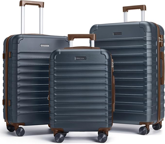 LIGHT FLIGHT Luggage Sets, 3 Piece Durable Suitcase Set with Spinner Wheels, 3 Pcs Hard Shell Lightweight Luggage with TSA Lock, Large Checked Travel Suitcases, 20/24/28 Inch,Blue/Brown