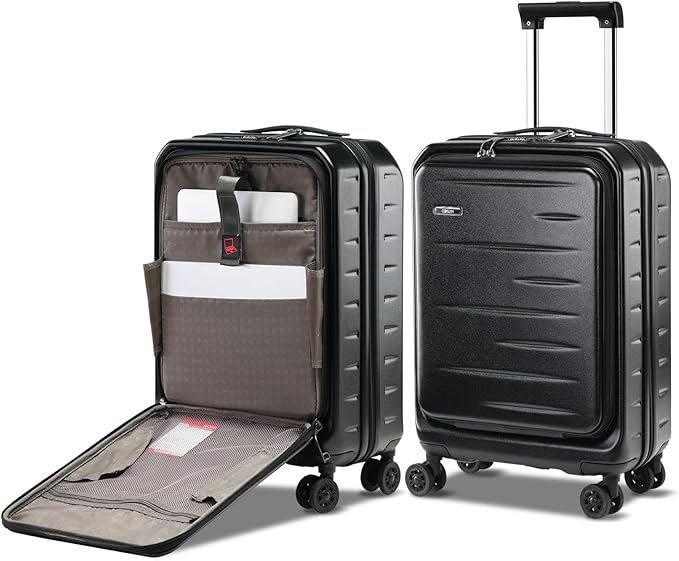 Carry On Luggage 22×14×9 Airline Approved, 20 Inch Lightweight ABS+PC Hard Shell Suitcases with Front Pocket, Spinner Wheels, TSA Lock (Black, 1PC)