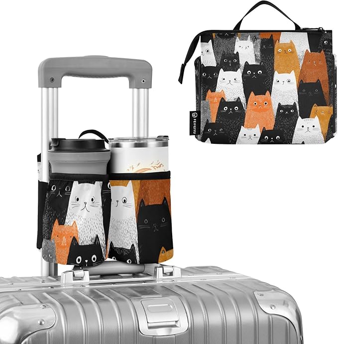 Luggage Cup Holder for Suitcases Free Hands Travel Cup Holder Portable Suitcase Cup Drink Holder Luggage Cup Caddy Bag Carrier Black and White Orange Cat