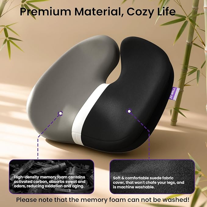 Seat Cushions for Office Chairs, Car Seat - Patented Coccyx Cushion for Tailbone Pain - Memory Foam Butt Cushion for Pressure Relief - Carry Handle & Non Slip Bottom (Black)