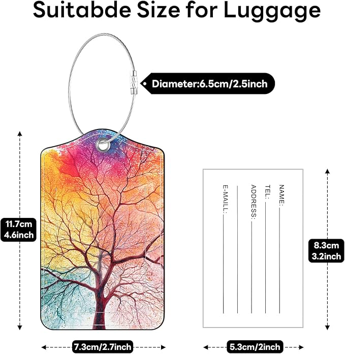2 Pack PU Leather Luggage Tags for Suitcases, Privacy Protection Cover with Stainless Steel Loop and Address Card, Travel Cruise Essentials (Colorful Tree)