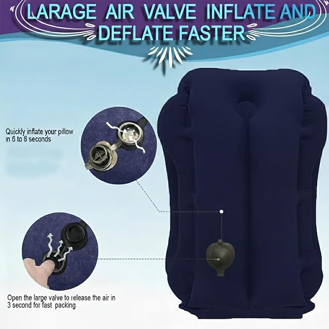 Inflatable Travel Pillows for Airplanes, Blow Up Travel Pillow for Train Office Car with Chin and Neck Support, Travel Pillow for Sleep Support with Eye Mask,Storage Bag & Earplugs (Navy Blue)
