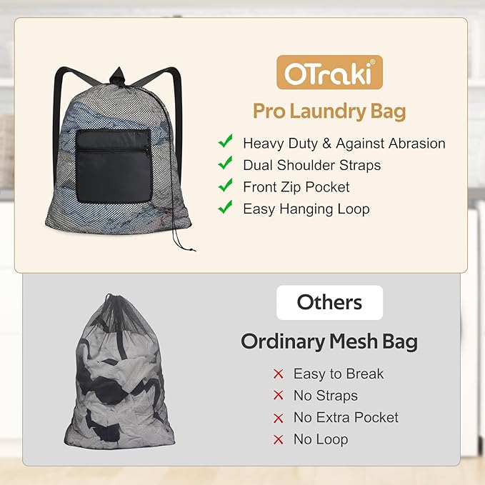 OTraki Laundry Bag Backpack 24x27 Inch Heavy Duty Mesh Laundry Bag Travel Laundry Bags for Dirty with Pocket & Adjustable Shoulder Straps Machine Washable Don't Drying, Melting 140-176℉