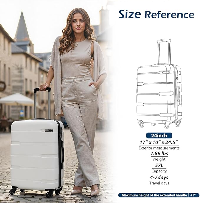 Coolife Medium Checked Luggage Hardside PC+ABS Suitcase with TSA Lock, Lightweight Rolling Carry On with Spinner Wheels(White, 24in)