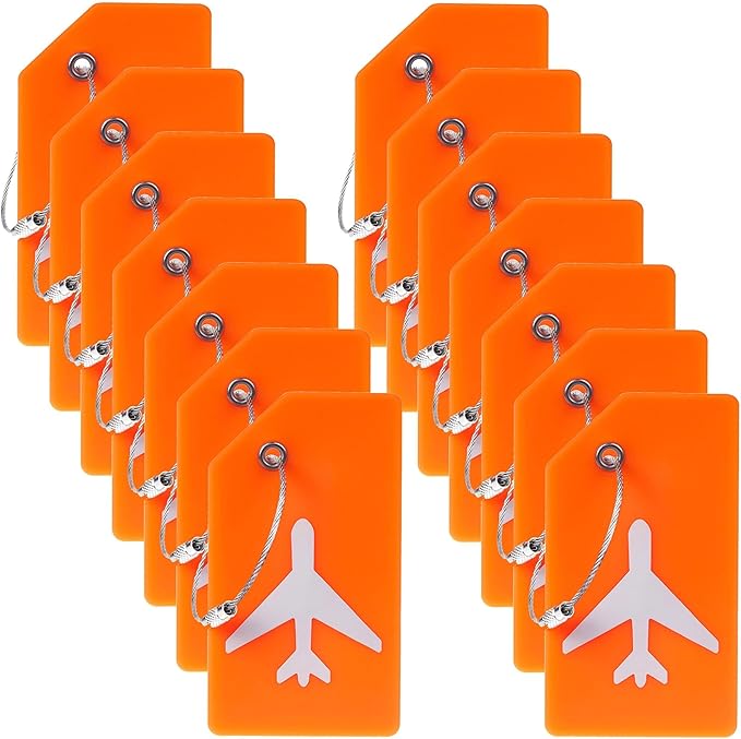 14 Pack Silicone Luggage Tag for Suitcases with Stainless Loop, TSA Approved, Privacy Protection Travel Essentials Bag Tags by Gostwo, Orange