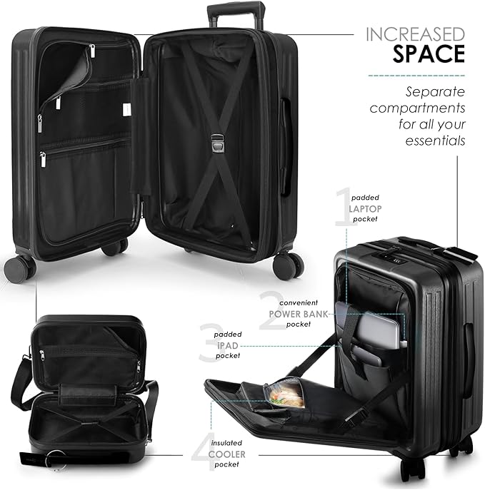 22 Inch Carry On Luggage, Carry On Suitcase with Wheels, Hardside Luggage Carry-On, Expandable Black Small Suitcase, Hard Shell Carry-on Luggage, Spinner Luggage with Cosmetic Bag