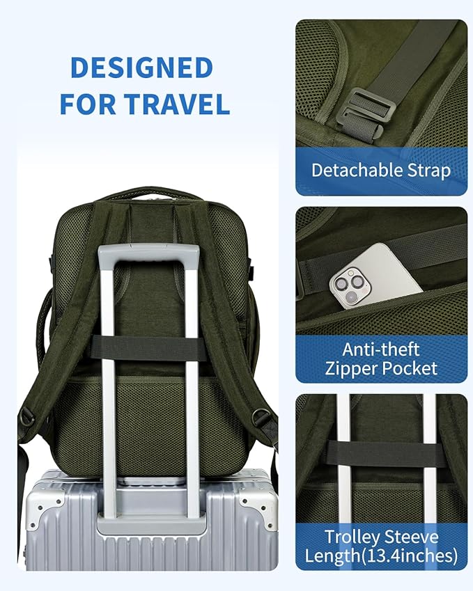 WANDF Travel Backpack For Spirit Airlines Personal Item Bag 18x14x8 with Wet Pocket, 17 Inch Laptop Backpack for Men Women（Dark Green）