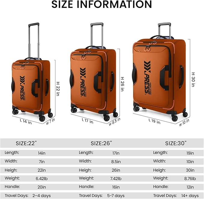 3-Piece Softside Upright Luggage Set with Front Open Pocket, Lightweight and Waterproof Durable Suitcase Sets Double Spinner Wheels（Orange, 22in/26in/30in）