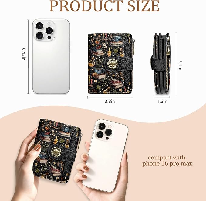 Icycay Book Witchy Wallet Women Small RFID Blocking Bifold, Credit Card Holder, Zipper Coin Pocket, PU Leather, Compact, Travel, 4 ID Window, 14 Card Slots, Cash Purse, Ladies Woman Female Girls