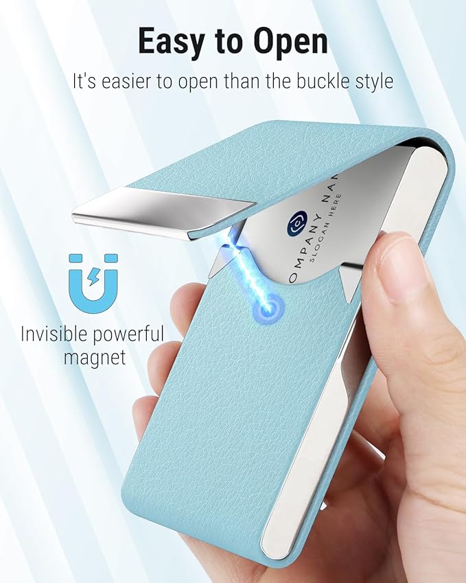 MaxGear Business Card Holder, Slim PU Leather & Stainless Steel Business Card Case for Men & Women, RFID Blocking Name Card Holder with Magnetic Closure, Light Blue