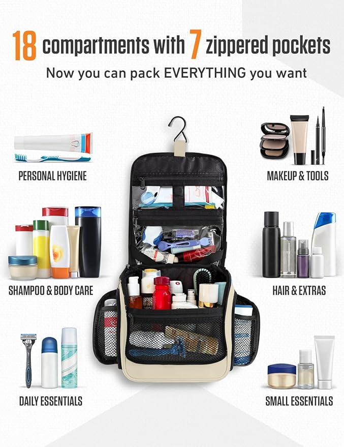 VENTURE 4TH Hanging Travel Toiletry Bag for Women & Men – Large Toiletry Organizer with 18 Compartments, Removable TSA Pouch, Travel Wash Bag for Toiletries, Makeup & Shaving Kit (Beige)
