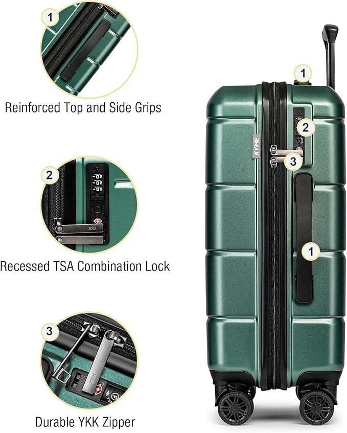KYME Carry On Luggage 22x14x9 Airline Approved Hardshell Carry On Suitcases with Wheels Travel Rolling 20 Inch Luggage with Cup Holder for Men Women,Carry-on Green