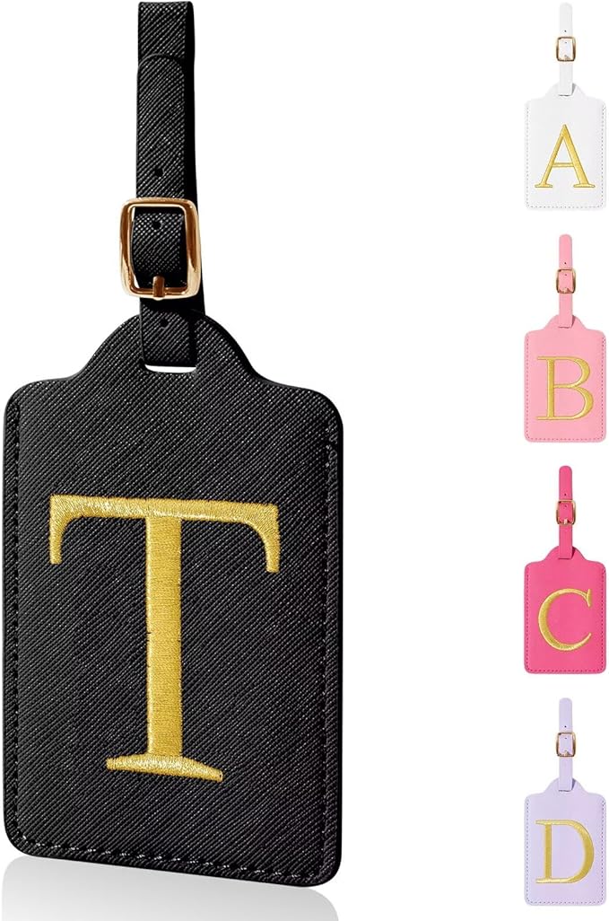Personalized Initial Luggage Tags for Suitcases,Leather Letter Cute Luggage Tags with Privacy Name Card,Embroidered Monogrammed Travel Bag Backpack Tag Gifts for Women Kids Girls Teens(Black-T)