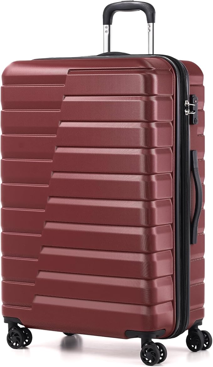 Coolife Expandable Large Checked Luggage with Spinner Wheels, Hard Shell Suitcase TSA Lock Rolling Travel Luggage 28-inch,Wine Red