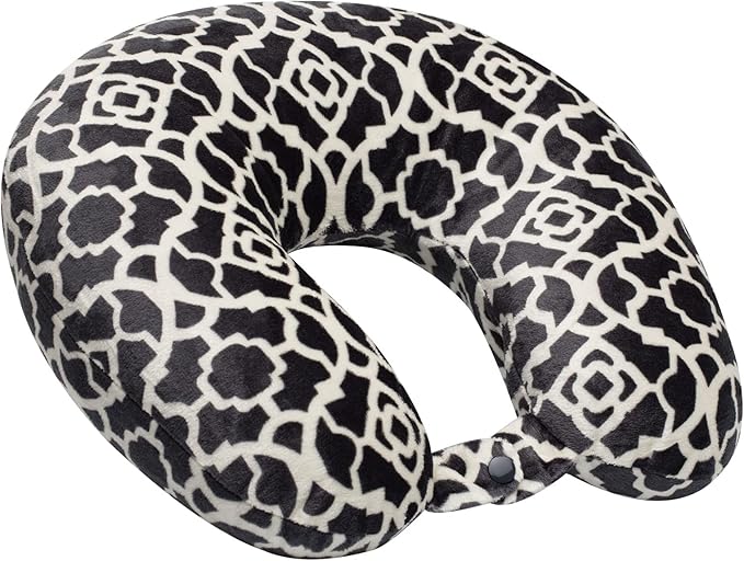 Adult Cozy Soft Microfiber Neck Pillow for Travel – Compact, Machine Washable - Perfect for Airplane, Car, or Home Use - Filled and Finished in the USA – Charcoal Trellis